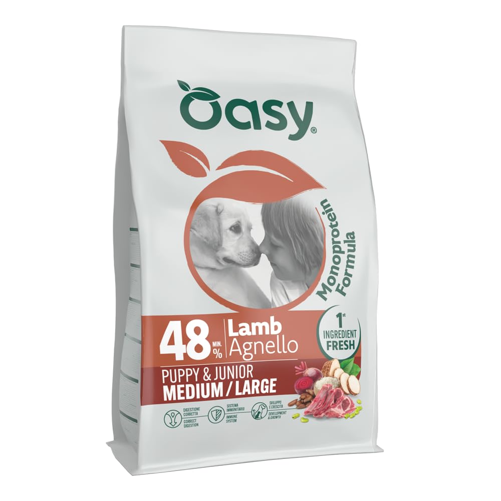 Oasy Dog Monoprotein Formula | Puppy & Junior | Medium - Large | Agnello | Cibo Secco per Cuccioli di Cane di Taglia Medio - Grande | Sacco da 10 Kg