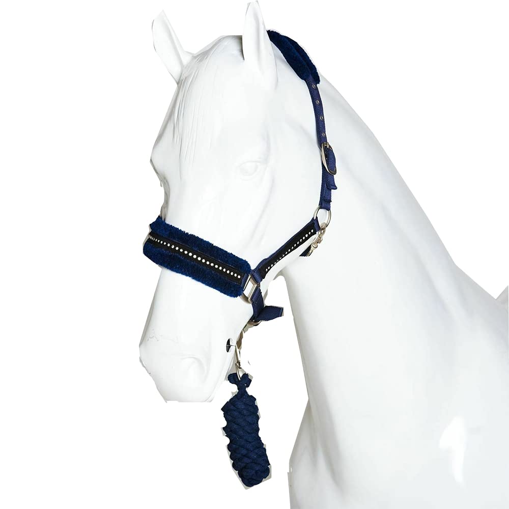 Fluffy Headcollar and Leadrope Set - Diamante Soft Fur Padded Halters for Horses - Super Flexible and Adjustable Pony Controller Equipment for Training and Outdoor Riding (Pony, Navy)