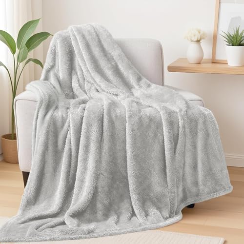 Image of Exclusivo Mezcla Plush Fuzzy Fleece Throw Blanket Extra Large, Super Soft, Fluffy and Warm Blankets for Couch, Bed, All Season (Light Grey, 50x70 inches)