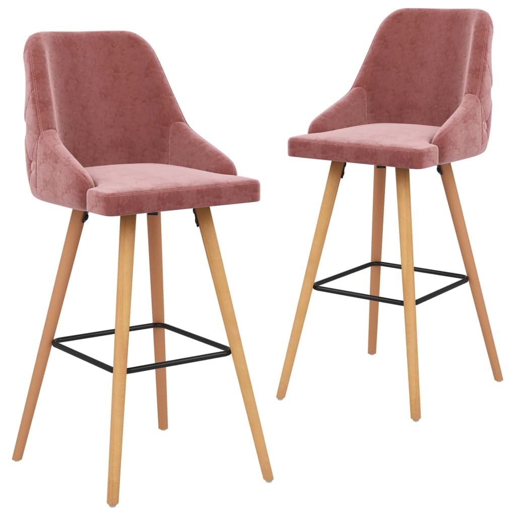 Tabouret de bar velours rose 70 cm avec piètement bois hêtre design minimaliste x2