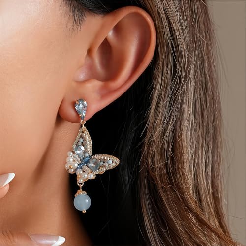 Dangle Flower Floral Blue Crystal Drop Earrings for Women, 14K Gold Plated, Hypoallergenic, Solid 925 Sterling Silver Post, CZ Cubic Zirconia Stud Earrings, Multilayer Tassel Chain, Wedding Bridal Statement Jewelry Gifts4