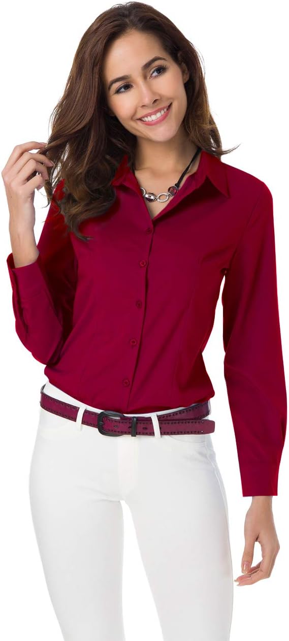 Womens Basic Long Sleeve Button Down Shirts Simple Pullover Stretch Formal Casual Shirt, Wine Red, Medium