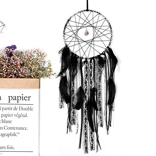 Nice Dream Boho Dream Catcher, Handmade Crochet Lace Dream Catchers with Amethyst Stone for Wall Hanging Home Decor (Black)