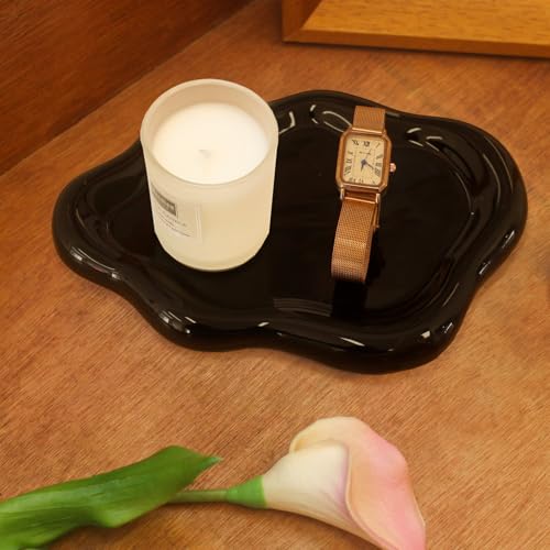 Image of CCINPPY Ceramic Jewelry Tray Trinket Dish, Decorative Cloud Vanity Key Tray for Women, Ring Holder Dish, Cute Jewelry Plate Bowl Room Decor Aesthetic, Black, Large