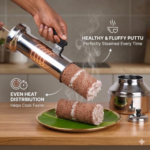 Image of Nakshathra Stainless Steel Puttu Maker with Bakelite Handle, Steamer, ideal Puttu Kudam for Induction & Gas Stove, Toxin Free Material (Medium)