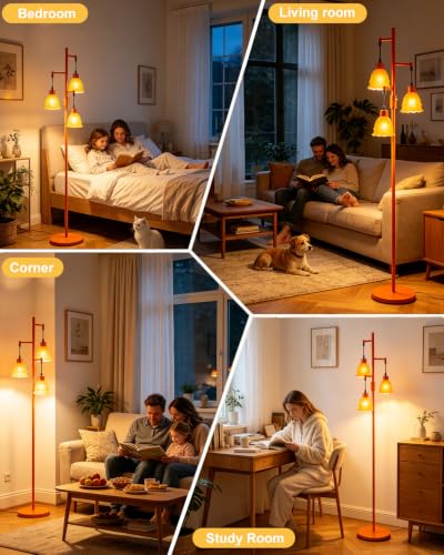 Image of Lightdot 3-Lights Glass Floor Lamp Dimmable Orange Floor Lamp with Orange Glass Shade 3000K Bulbs Included Unique Modern Standing Tall Lamp with 5Lbs Heavy Base for Living Room /Bedroom /Sofa Beside