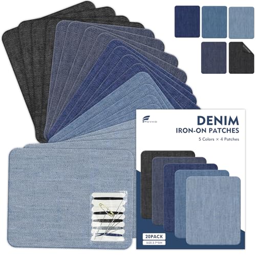 Iron on Jean Patches for Clothes 20PCS Denim Patches for Jeans Denim Iron-on Repair Patch for Inside Thigh(with a Sewing kit)