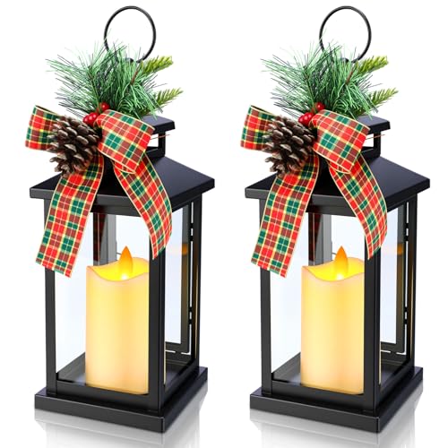 2 Pcs 14 Inch Christmas Lanterns Decorative Outdoor for Porch with LED Candle Pine Cones Holly Berry Metal Hanging Vintage Lantern with Plaid Ribbon Bow for Indoor Home Table Deco(Berry)