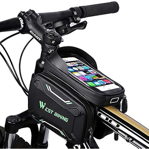 Lutuo Bike Frame Bag, Bicycle Phone Mount, Waterproof Cycling Front Top Tube Pouch, Frame Phone Holder Bag, Handlebar/Crossbar Bag, Sensitive Touchscreen and Sun Visor for Phone Below 6.2 Inch Cover