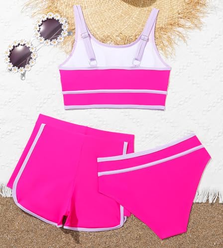 Image of Girls Swimsuits 3 Piece Bathing Suit Bikini Set with Sporty Shorts and Sunglasses Beach Swimwear for Girl 8-15 Years