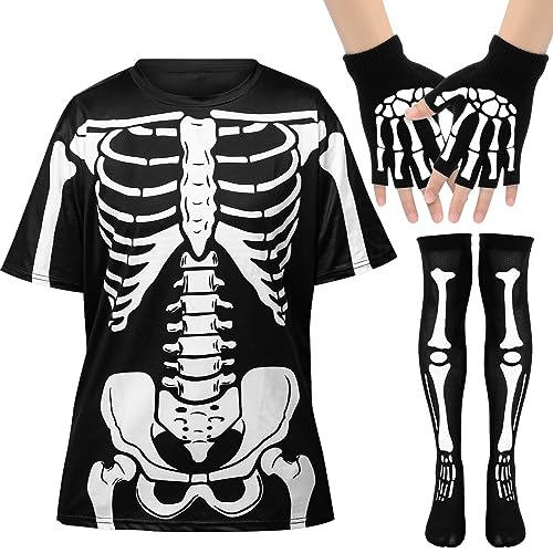Eurzom 3 Pcs Women Skeleton Costume Accessories Skeleton Print T-shirt Gloves Long Socks for Halloween Cosplay Party (Medium)