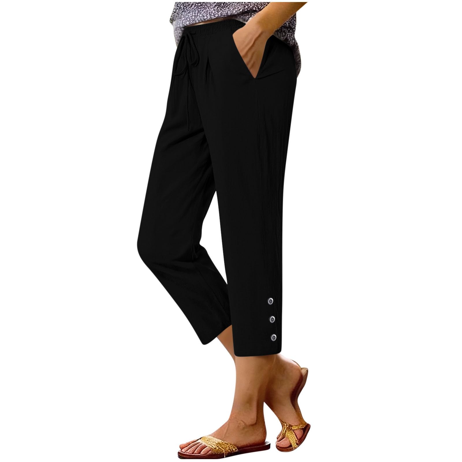 Summer Cotton Linen Capri Pants for Women High Waist Drawstring Straight Leg Capris Casual Beach Cropped Lounge Pant
