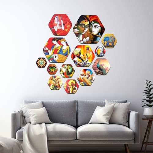 Image of Decor Smart Radha Krishna Wooden Wall Art | Living Room Decoration | Cultural Folk Accent | Home Decor Decorative Artwork | Traditional Indian Music Dance Wall Hanging | Vibrant Sticker Panel(WPS 216)