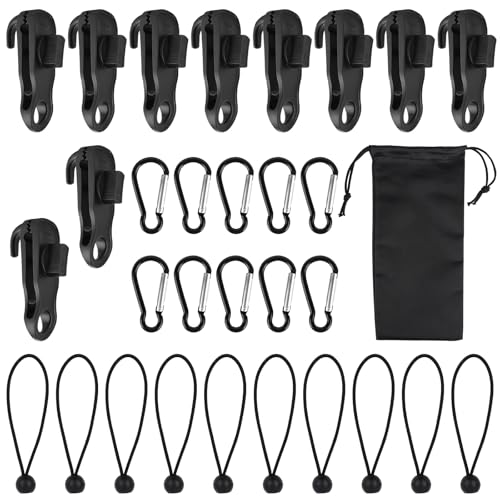 30 Stück Tarp Clips Set, Planenspanner Planenbefestigung mit 10 Zelt Bungees Schnüre und 10 Karabiner Clips, Haiförmige Planenclips, Tarp Clip Clamp für Zelte, Vordächer, Wohnmobil