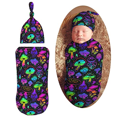 Image of AuHomea Mushroom Newborn Swaddle Blanket with Beanie Set Soft Baby Sleep Sack Stretch Adjustable Swaddle Wraps Receiving Blankets