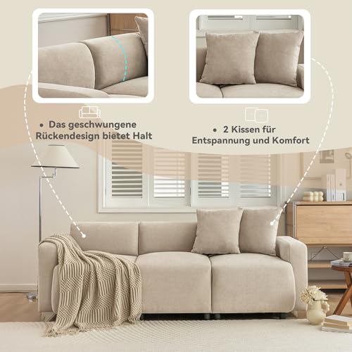 Canapé 3 places tissu chenille beige, soutien lombaire Merax