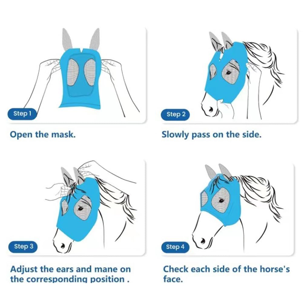 Maschera Anti-Mosche per Cavallo UV Protezione, Maschera Cavallo Antimosche,Maschera per mosche a cavallo,Leggera e Traspirante,con para Orecchie,per la Protezione del Cavallo,Blu