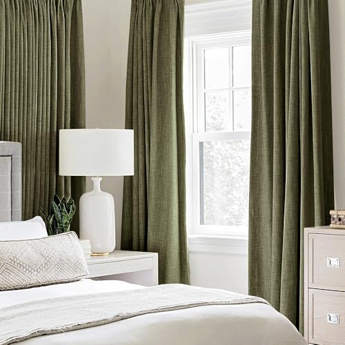 Image of MIULEE Linen Texture Curtains for Bedroom Solid 100% Blackout Thermal Insulated Light Olive Green Curtains Grommet Room Darkening Drapes for Living Room 52x54 Inch (2 Panels)