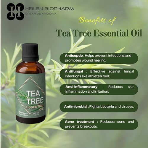 Image of Heilen Biopharm Tea Tree Essential Oil - 100 mL Bottle I Pack of 1, for Healthy Skin and Hair (Melaleuca alternifolia)