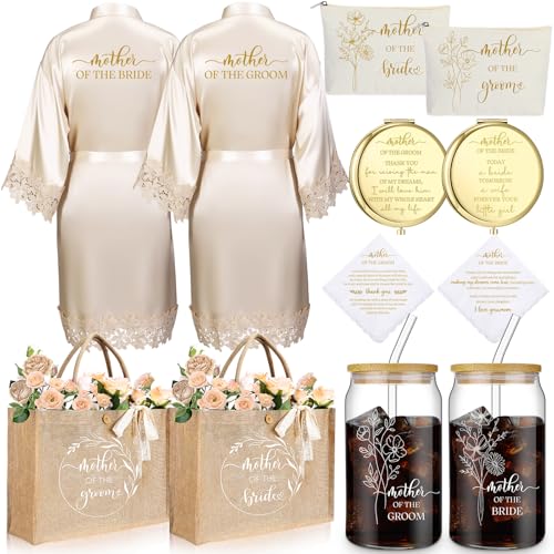 Hushee 12 Pcs Mother of the Bride and Groom Gift Set Includes Silk Robes for Women Tote Bags Make up Bags 16oz Glass with Straws Handkerchiefs Metal Mirrors for Mom Bridal Shower Wedding Gifts
