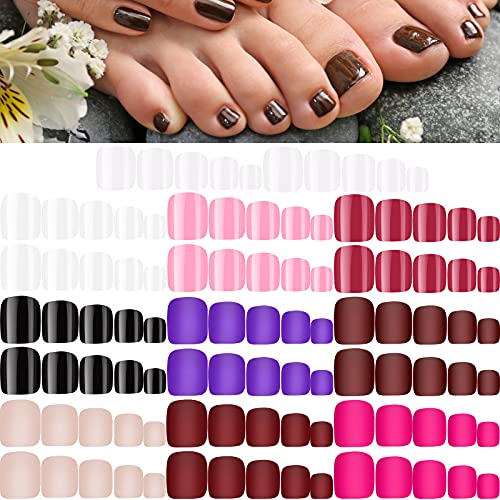 240 Pieces 10 Sets Matte Short False Toenails Short Square Artificial Nail Tips Press on Glossy Toe Nails Solid Color Full Cover Square Fake Nails for Nail Art DIY, 12 Sizes (Classic Color)