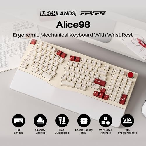 Image of MechLands Feker Alice98 Ergonomic 98 Keys Custom Mechanical Keyboard, VIA Programmable, USB-C Wired Gaming Keyboard, Hot Swappable, 5 Layer Paddings, Control Knob, NKRO, RGB for Win /Mac (Beige)