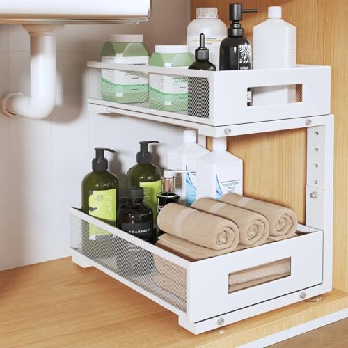 Image of Under Sink Organizer, 2-Tier Dual Pull Out Cabinet Organizer Drawers With Smooth Circular Rail, Large Capacity Metal Mesh Sliding Shelves For Bathroom& Kitchen Storage,Height Adjustable-White,1 Pack