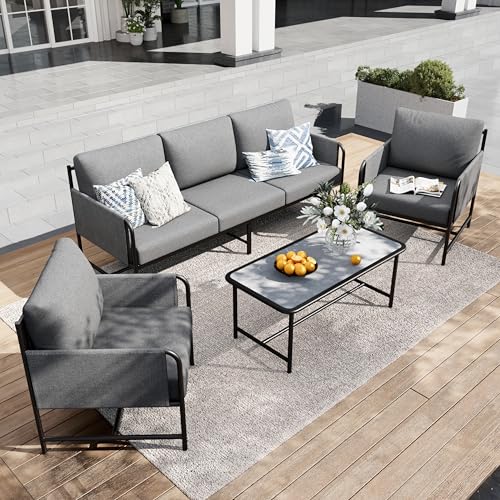 Image of PHI VILLA Patio Furniture Set,Iron Metal Outdoor Furniture Set with Coffee Table, Thick Cushions and Fabric Covered Armrests, Deep Outdoor Sofa for Garden /Porch /Deck（Backyard ICON Collection）