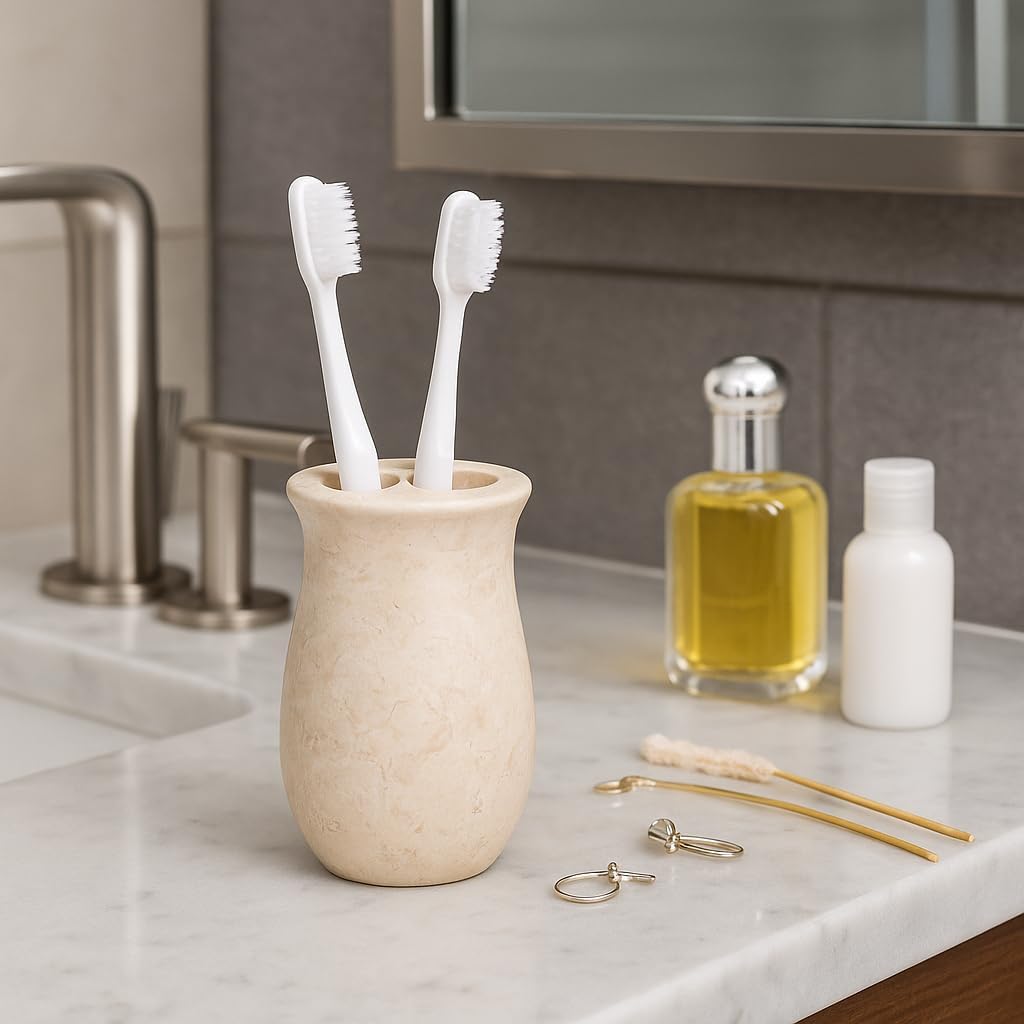 Creative Home Natural Unique Marble Toothbrush Holder, Polished Smooth Finish, Compact 3.3x3.3x4.5 Inch Freestanding Organizer, Wipes Clean Easily, Sturdy and Durable Vase Shape Beige Bathroom