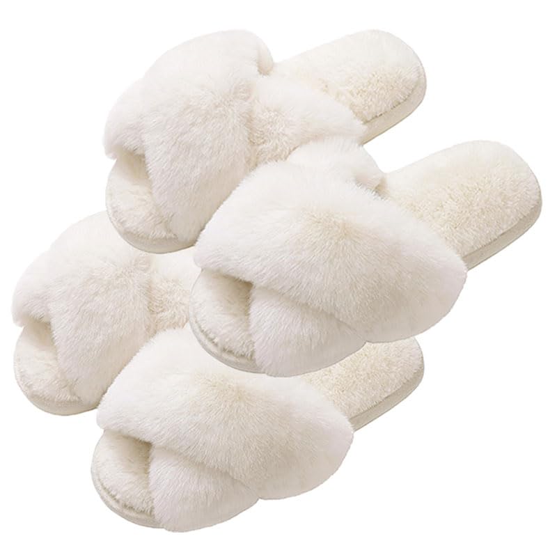 Evshine 2Pairs Womens Fuzzy Slippers Cross Band Memory Foam House Slippers Open Toe Indoor Outdoor Shoes White 38-39 (Size 7-8)
