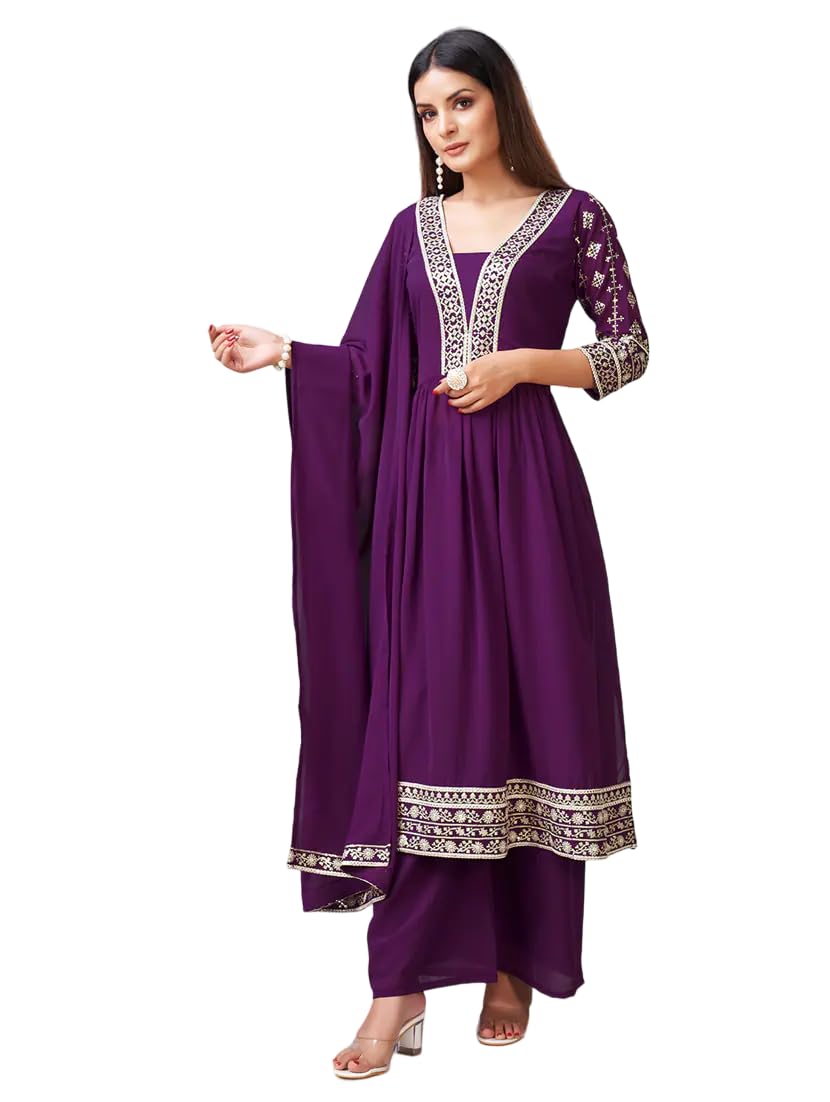 Xomantic Fashion Purple Georgette Embroidered Festival Casual Ready Pant Salwar Kameez (Medium, Purple)