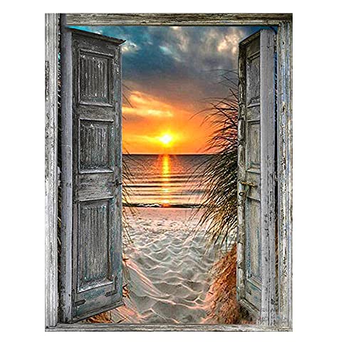 DCIDBEI kit Diamantes Paisaje Mar Playa 40x50 cm Pintura Cristales Ventanas de Ventana de Barco para Pared con Mar Cuadros con Numeros para Pintar Adultos Atardecer Cuadro Diamante Ventana