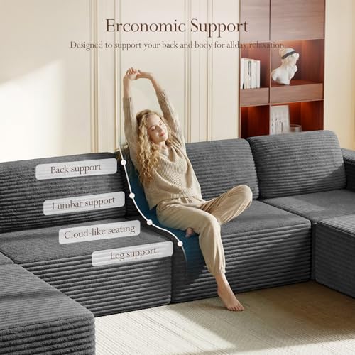 Image of Vesgantti 159 inch Large Modular Sectional Sofa, U-Shaped Corduroy Cloud Couch with Deep Seats & Spring Support, 4-Seater Boneless Sofa with 2 Movable Ottomans, No Assembly Needed, Grey