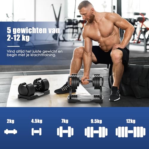 DH FitLife Set van 2 verstelbare halters 12 kg - 2 tot 12 kg - Met 5 gewichtsniveaus - Met halterschijven - Verstelbare korte halters - Variabel gewicht 5 in 1 - Afbeelding 4
