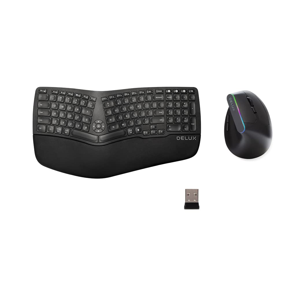 DELUX Keyboard Mouse Combo GM902A Wireless Ergonomic Split Keyboard and 2.4G Wireless Vertical Mouse