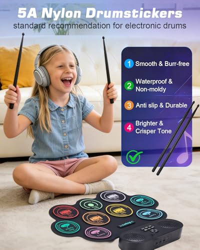 Miniatura 6 de Bateria Electronica Niños, Anpro Bateria Electrónica Musical Con 9 Almohadillas De Batería Altavoces Estéreo Duales, Baquetas Y Pedales De Batería, Soporta Auriculares Bt Midi Práctica