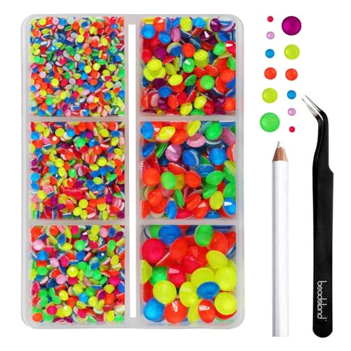 Image of BEADSLAND Hotfix Rhinestones, 4000 PCS Rhinestones for Clothes Crafts Mixed 6 Sizes with Wax Pencil and Tweezers Kit, SS6-SS30, Neon Mix