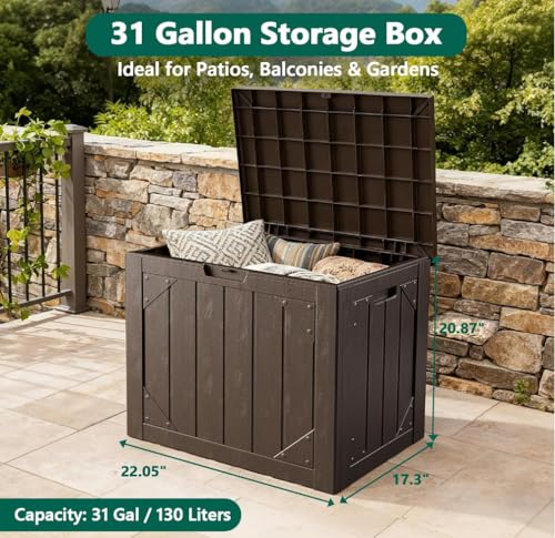 MAKE CHANGES Outdoor Storage Box - 31 Gallon Waterproof Resin Deck Box, Lockable Patio Storage Bench for Package Delivery, Cushions & Garden Tools, UV Resistant (Brown, 31 Gal)