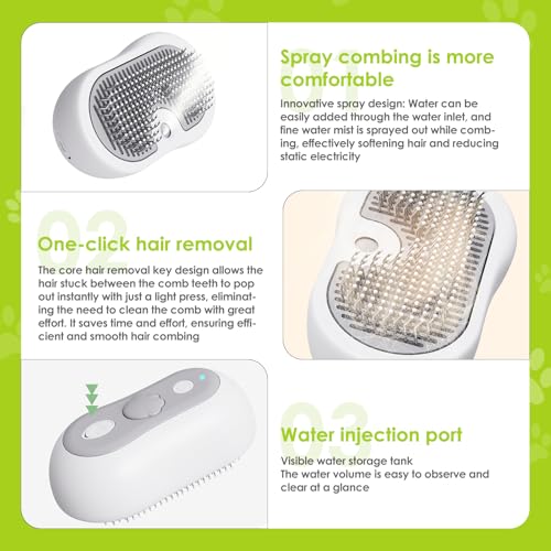 Katzenbürste mit Dampf & Auslöseknopf, Wiederaufladbar Dampfbürste von Katze Hunde, Massage Steamer Kamm Katzenbürste mit Wasser Tank für Langhaar und Kurzhaar zum Entfernen Losem Fell und Schmutz