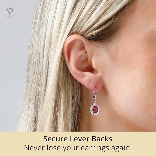 925 Sterling Silver Halo Sunburst Gemstone Oval Dangle Earrings for Women 8x6mm Birthstone with Leverback White Topaz Accent Stones by MAX + STONE3