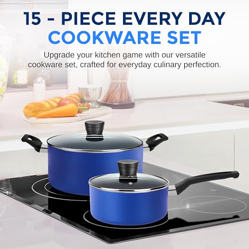 SereneLife 15-Pc Blue Cookware Set - Non-Stick, Heat-Resistant Pots & Pans with Lids, Dishwasher Safe, Includes Matching Utensils
