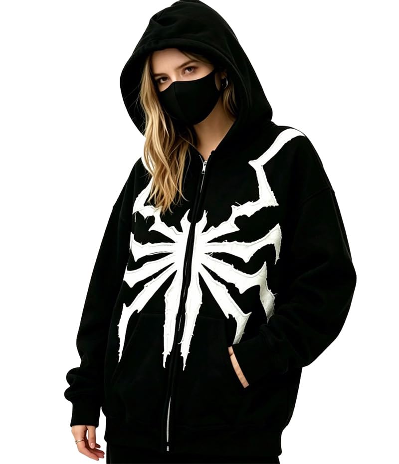 OATSBAS Y2K Hip Hop Spider Hoodie for Women Men Graphic Full Zip