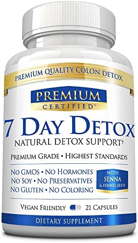 Premium Certified 7 Day Detox - Cleanse The Digestive System Naturally, Flush Toxins - Fennel Seed 600mg, Ginger Root 300mg, Cascara Sagrada 300mg - 21 Capsules - Vegan Friendly