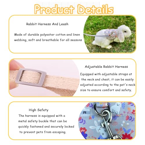 Image of 2 Sets Rabbit Harness and Leash, Cute Adjustable Bunny Clothes Harness Escape Proof Pet Supply (Grey, M)