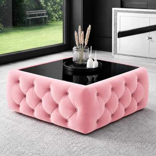 Image of Premium Tufted Upholstered Coffee Table with Mica Top - Modern Square Ottoman Center Table, Soft Velvet Finish, Luxury Living Room Furniture - 30 x 30 x 18 Inch (Pastel Pink)