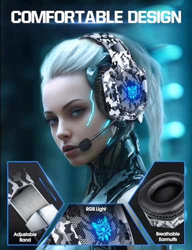 Image of Nanddi Gaming Headset with Microphone, Gaming Headphones for PS4 PS5 Xbox One PC with LED Lights, PlayStation Headset with Noise Reduction 7.1 Surround Sound Over-Ear and Wired 3.5mm Jack (White)