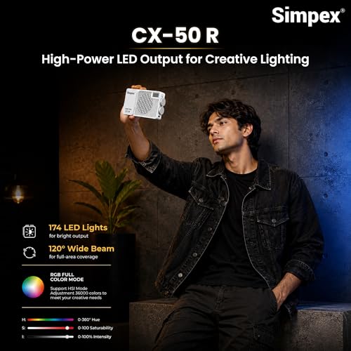 Image of Simpex CX 50R 50W RGB LED Video Light, 360 HUE, 2700K-7500K Bi-Color, 1-100% Dimmable, 13 FX Modes, 3200mAh Battery, OLED Display, Tripod & Diffuser