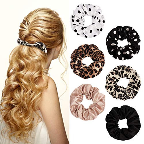 COCIDE 6Pcs Chiffon Hair Scrunchies Black Silk Pocket Zipper Hair Ties Elastic Wave Point Hair Bands VSCO Girls Leopard Hair Accessories for Women (Pack of 6)