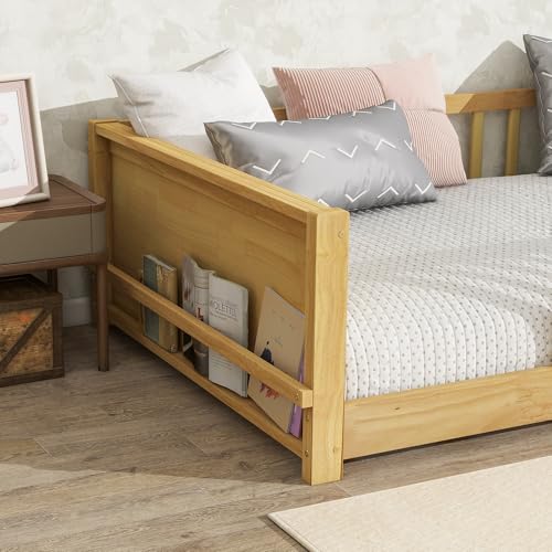 Image of Bellemave Twin Size Kids Montessori Floor Bed,Twin Floor Bed Frame with Slats and Bookcase,Solid Wood Montessori Bed for Girls Boys,Natural