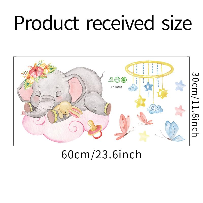 Image of Baby Elephant Wall Stickers for Nursery - Sleeping Elephant Cloud Bunny Butterfly Wall Decals Waterproof Removable - Large Baby Room Decoration Kids Bedroom Playroom Decor Baby Shower Gift Boy Girl
